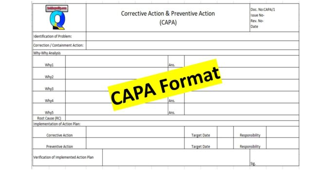 Corrective and Preventive Action Format, capa format, capa format in word, capa format in excel