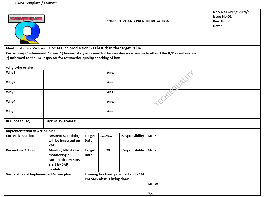 corrective and preventive record